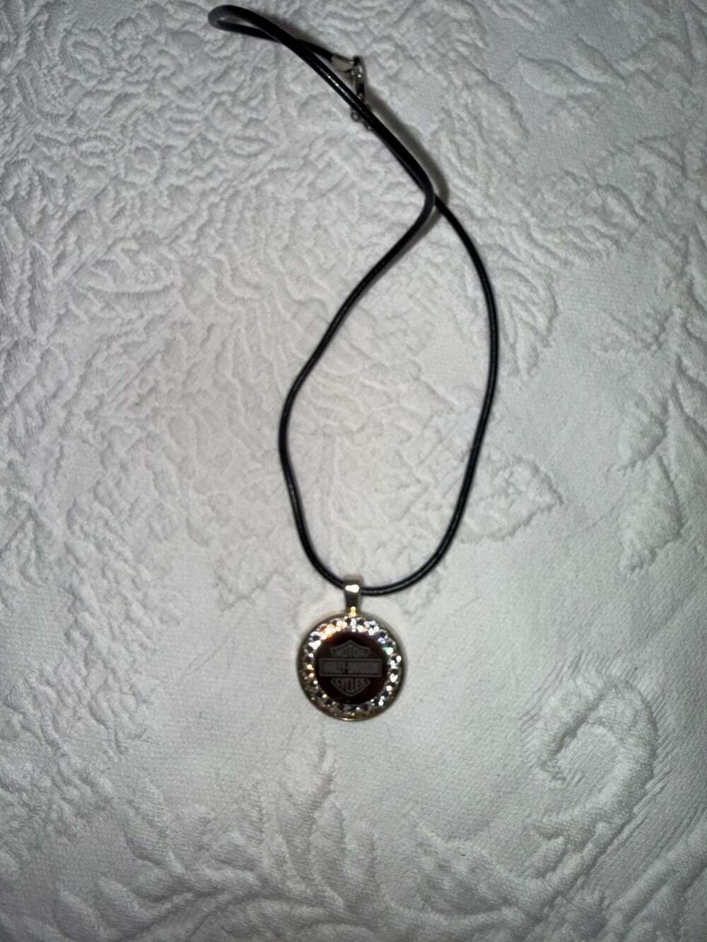Harley-Davidson Crystal Embellished Bar & Shield Pendant on Black Leather Cord N